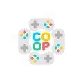 Cooperative game sign. Coop game logo. Video game icon for two joysticks. Play together on a video console