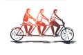 Coordinate, cooperation, teamwork, bike, tandem concept. Hand drawn isolated vector.