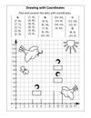 Coordinate graphing, or drawing by coordinates, math worksheet with birds, nestlings, birdhouses: Reveal the mystery picture by pl