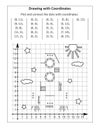 Coordinate graphing, or drawing by coordinates, math worksheet with spaceship or rocket: Reveal the mystery picture by plotting an