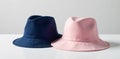 Coordinated couple hats displayed creatively on a neutral background, symbolizing unity and shared style without human presence. Royalty Free Stock Photo