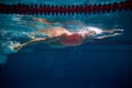 Coordinated movements, speed. Professional female swimmer training in swimming pool indoor. Underwater view. Concept of Royalty Free Stock Photo