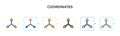 Coordinates vector icon in 6 different modern styles. Black, two colored coordinates icons designed in filled, outline, line and
