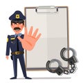 Policeman holds up hand in stop gesture. character design - vector illustration