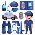 Cop police officer object illustration icon set blue uniform badge cap and security equipment