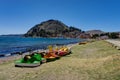 Copacabana Bolivia Lake Titicaca Beach with Peddle Boats Royalty Free Stock Photo