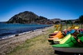 Copacabana Bolivia Lake Titicaca Beach with Peddle Boats Royalty Free Stock Photo