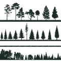 Groups of tree silhouettes - conifers, shrubs, grass - vectors