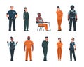 Cope and bandit. Police officers and arrested people in handcuffs. Convicted men or women wear orange uniform in jail Royalty Free Stock Photo