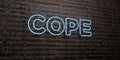 COPE -Realistic Neon Sign on Brick Wall background - 3D rendered royalty free stock image