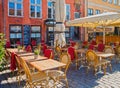 Copenhagen, coffee bar at Nyhavn harbor famous touristic landmark