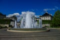 Water fountain in the garden Amaliehaven with the royal palace Amalienborg and the Frederik`s Church Marble Church in the Royalty Free Stock Photo