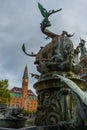 COPENHAGEN, DENMARK: A beautiful fountain with a bronze sculpture of a bull and a dragon. City Hall