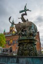 COPENHAGEN, DENMARK: A beautiful fountain with a bronze sculpture of a bull and a dragon. City Hall