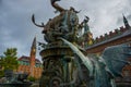 COPENHAGEN, DENMARK: A beautiful fountain with a bronze sculpture of a bull and a dragon. City Hall