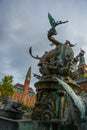COPENHAGEN, DENMARK: A beautiful fountain with a bronze sculpture of a bull and a dragon. City Hall