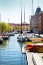 Copenhagen, Denmark -Christianshavn channel with boats moored Royalty Free Stock Photo