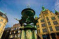 COPENHAGEN, DENMARK: fountain Stork on Amagertorv square at the city centre Royalty Free Stock Photo