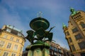 COPENHAGEN, DENMARK: fountain Stork on Amagertorv square at the city centre Royalty Free Stock Photo