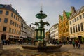 COPENHAGEN, DENMARK: fountain Stork on Amagertorv square at the city centre Royalty Free Stock Photo