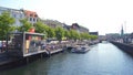 COPENHAGEN, DENMARK - JUL 04th, 2015: Shipping channel in Copenhagen with parked yachts, river ships and boats Royalty Free Stock Photo