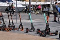 Electric scooters parked over all in danish capital Copenhagen