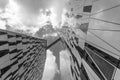 Copenhagen. Denmark. July 24th. 2019: Facade of a glass building. Black and white photo. Bottom view. Close-up. Architecture Royalty Free Stock Photo