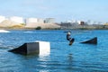 Copenhagen. Denmark. July 23th. 2019:Young man on a wakeboard. Wakeboard Park in Copenhagen. Denmark. Sport Recreation