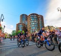 Copenhagen, Denmark - June 29 2022: Movistar Team cycling with colorful Palads Cinema in the background at the Team Presentation