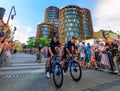 Copenhagen, Denmark - June 29 2022: Movistar Team cycling with colorful Palads Cinema in the background at the Team Presentation