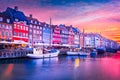 Copenhagen, Denmark. Kobenhavn\'s iconic Nyhavn Canal, colorful sunrise