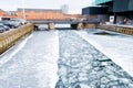 Copenhagen. Denmark March 3, 2018. Copenhagen frozen canal with beautiful ships. Natural phenomena. Architecture