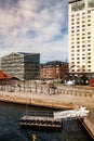 aerial view of empty harbor and buildings behind