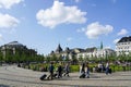Copenhagen, Denmark- May 27, 2023: tourists with suitcases on King's New Square, Kongens Nytorv