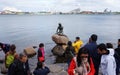 COPENHAGEN, DENMARK - MAY 31, 2017: tourists taking photos of statue of the Little Mermaid, Den lille Havfrue, on the coastal rock Royalty Free Stock Photo