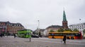 COPENHAGEN, DENMARK - MAY 31, 2017: View of Vindebrogade street and Christiansborg square with the Saint Nikolas church bells towe