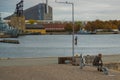 COPENHAGEN, DENMARK: Metallic statue in thinking position person -Zinkglobal -on the embankment in Copenhagen