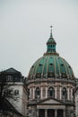 Copenhagen / Denmark - November 2019: Biggest church dome in Scandinavia, close up view. Moody green top of the Marble Church,