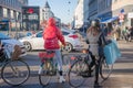 Copenhagen, Denmark. November 27, 2018. Cyclists waiting for traffic lights on city center