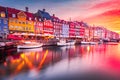 Copenhagen, Denmark. Nyhavn, Kobenhavn\'s iconic canal colorful sunrise