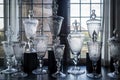 Ornate European crystal glass cups with exquisitely engraved designs