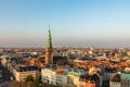 Copenhagen, Denmark - October 2018: Skyline in evening light. Copenhagen old town and copper spiel of Nikolaj