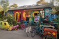 COPENHAGEN, DENMARK - October 2018: Small, colorful art shop in Freetown Christiania, a self-proclaimed autonomous Royalty Free Stock Photo