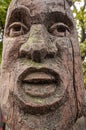 Closeup. Giant wooden male face statue, Christiania, Copenhagen, Denmark