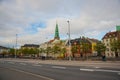 COPENHAGEN, DENMARK: View of the landmark green spire of the former St. Nicholas Church, now Nikolaj Contemporary Art Center in