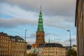 COPENHAGEN, DENMARK: View of the landmark green spire of the former St. Nicholas Church, now Nikolaj Contemporary Art Center in