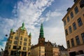 COPENHAGEN, DENMARK: View of the landmark green spire of the former St. Nicholas Church, now Nikolaj Contemporary Art Center in