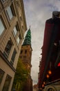 COPENHAGEN, DENMARK: View of the landmark green spire of the former St. Nicholas Church, now Nikolaj Contemporary Art Center in