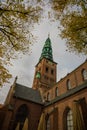 COPENHAGEN, DENMARK: View of the landmark green spire of the former St. Nicholas Church, now Nikolaj Contemporary Art Center in