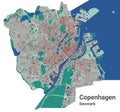 Copenhagen map. Detailed map of Copenhagen city administrative area. Cityscape urban panorama. Outline map with buildings, water,